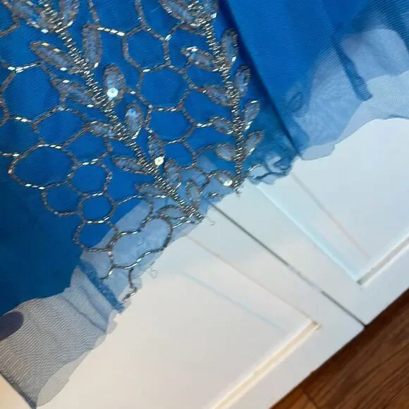 Adrianna Papell blue embellished beaded overlay mermaid occasion dress 12